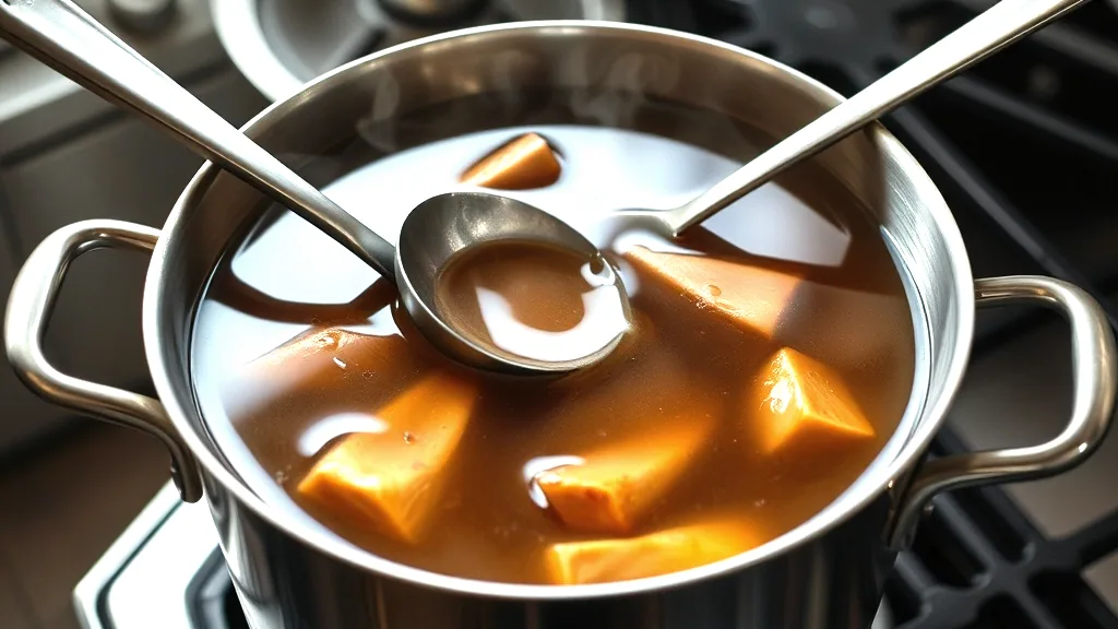 A stainless stockpot of clear beef broth on the range with a ladle resting across the rim and steam coming off the surface