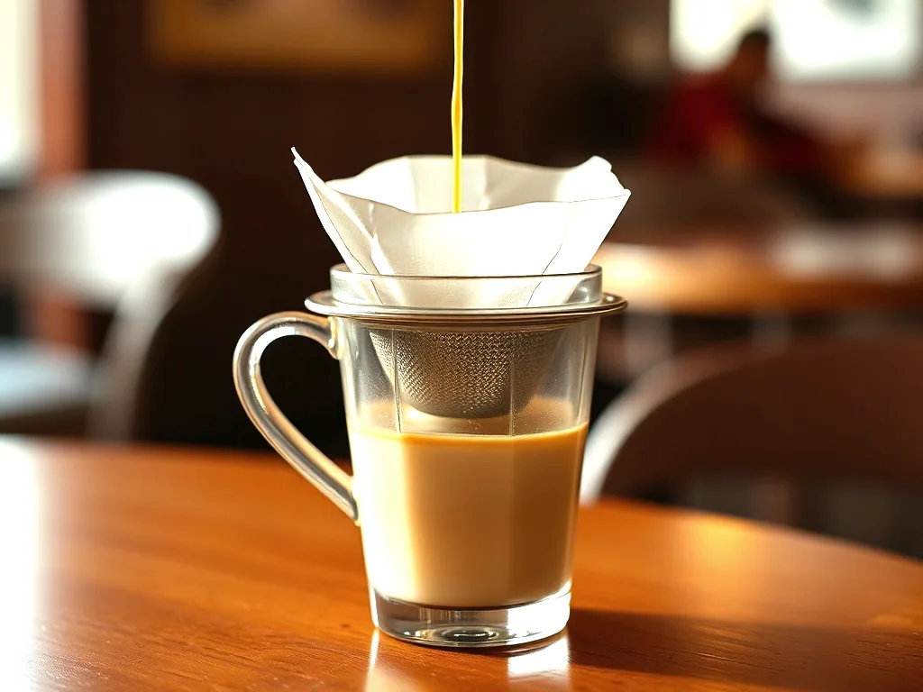 Coffee dripping through a filter into a tall glass of condensed milk on a wooden table