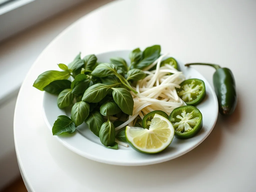 A side plate of Thai basil, bean sprouts, lime wedges and sliced jalapeno on a white table